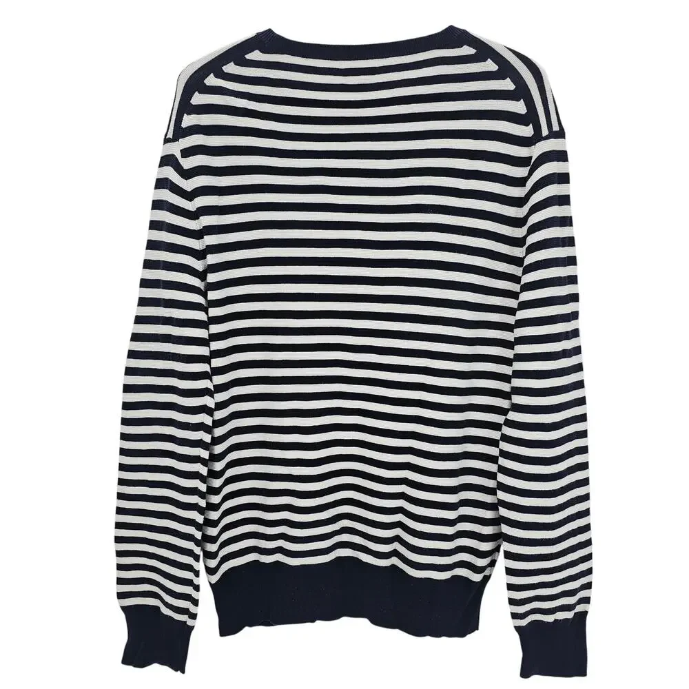 J. Crew Mens size M Cotton Crewneck Knit Sweater Blue/White Stripe AG815 NEW